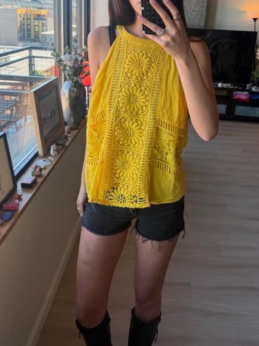 Skies Are Blue Bright Yellow Crochet Halter Tank Top